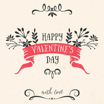 Valentine's day greeting card with ribbon, lettering and other decorative elements. Vector hand drawn illustration.