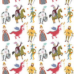Cartoon pattern with medieval characters on white background. Vector illustration.