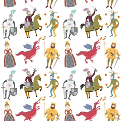 Meubelstickers Robot Cartoon patroon met middeleeuwse karakters op witte achtergrond. Vector illustratie.