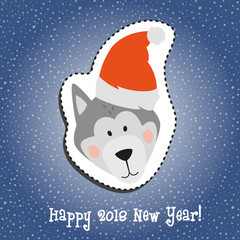 Cartoon sticker with dog on snow background. Vector illustration.