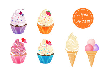 Sweet cupcakes and ice cream vector set on white background for greeting cards and banners