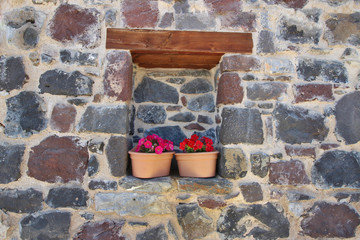      Flowers in Pots in a Stone Wall 