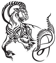 capricorn zodiac sign . Tribal tattoo style mythological creature . Astrological sea goat including symbol of saturn planet  . Black and white vector illustration