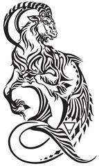 capricorn zodiac sign . Tribal tattoo style mythological creature . Astrological sea goat including symbols of saturn planet and earth . Black and white vector illustration