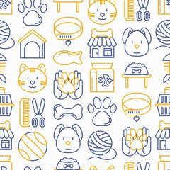 Pet shop seamless pattern with thin line icons: cat, dog, collar, kennel, grooming, food, toys. Modern vector illustration.