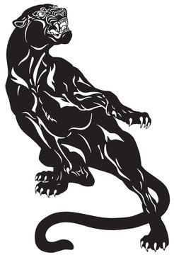 Angry black panther. Attacking pose . Black and white tattoo vector illustration