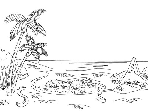 Sea coast graphic black white landscape sketch illustration vector