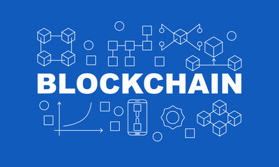 Creative technology banner made with block chain icons and word BLOCKCHAIN inside on blue background
