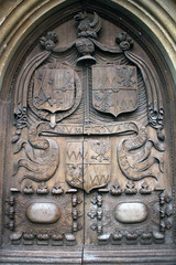 Masterpiece of wood carving, abbey door, Bath, England