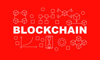 Creative technology banner made with block chain icons and word BLOCKCHAIN inside on red background