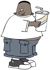 Illustration of a chubby black kid holding a giant soda in a cup with a straw.