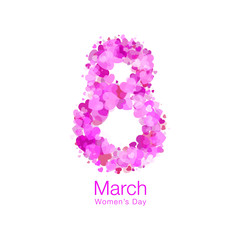 March 8 - Womens Day light design of greeting card template. Symbol of International Women's day with bright red purple pink hearts isolated on white background. Vector illustration.