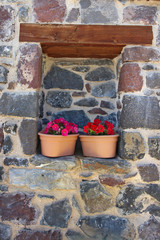      Flowers in Pots in a Stone Wall 
