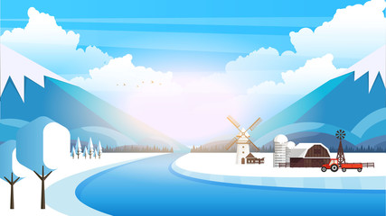 Winter rural landscape background. Snowy countryside vector art. Vector illustration.