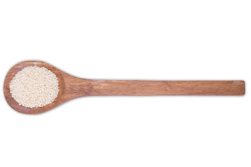 Sesame seeds on wooden spoon isolated on white background