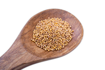 .Mustard seeds on wooden spoon isolated on white background.