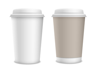 Set of two realistic vector blank paper take away cups isolated on white background