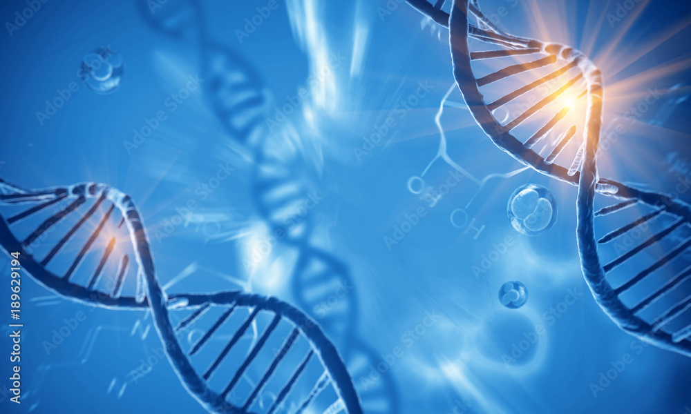 Wall mural 3d render of dna structure and cells, abstract background