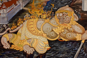 Painting on the wall ramayana story at the Emerald Buddha (Wat Phra Kaew) Ramayana story of Bangkok.