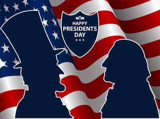 Happy Presidents Day in USA Background. George Washington and Abraham Lincoln silhouettes with flag as background. United States of America celebration. Vector illustration.