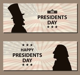 Happy Presidents Day Vintage banner. George Washington and Abraham Lincoln silhouettes with flag as background. United States of America celebration. Vector illustration.
