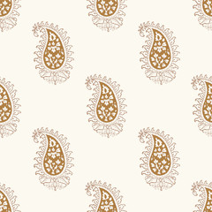 Woodblock printed seamless paisley pattern. Traditional Indian oriental ethnic ornament, brown and golden hues on ecru background. Textile design. - 189632719