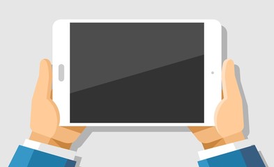 Human hands horizontally holding vector mockup illustration modern white tablet device on isolated background