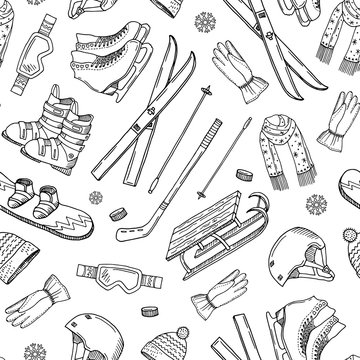 Vector Hand Drawn Winter Sports Equipment And Pattern Or Background