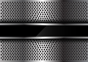 Abstract black glass banner on metal circle mesh design modern luxury futuristic background texture vector illustration.