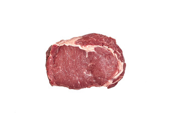 Fototapeta premium Fresh raw beef steak isolated on white background, top view.