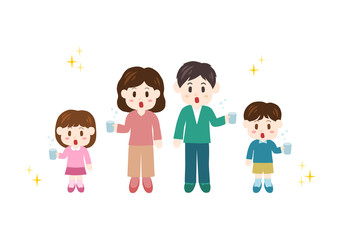 風邪予防のためにうがいをする家族のイラスト