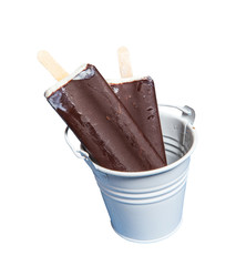 Chocolate ice cream pops on white background. Eskimo ice cream on stick.