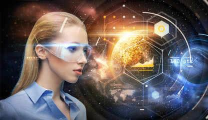 woman in virtual reality glasses over space