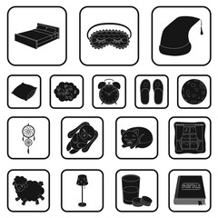 Rest and sleep black icons in set collection for design. Accessories and comfort vector symbol stock web illustration.