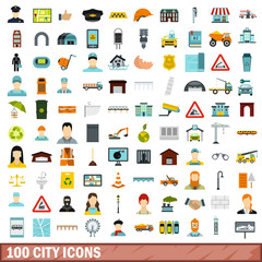100 city icons set, flat style