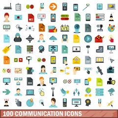 100 communication icons set, flat style