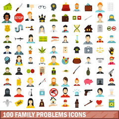 100 family problems icons set, flat style