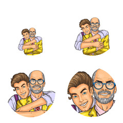 Vector pop art avatars for social network chat user profile or blog account picture icon template. Grandson young boy embracing adult grandfather man in glasses happy smiling. Retro sketch set