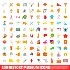 100 history museum icons set, cartoon style