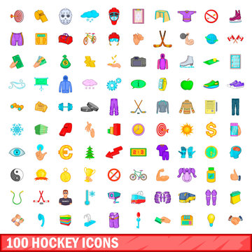100 hockey icons set, cartoon style