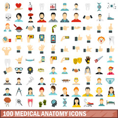 100 medical anatomy icons set, flat style