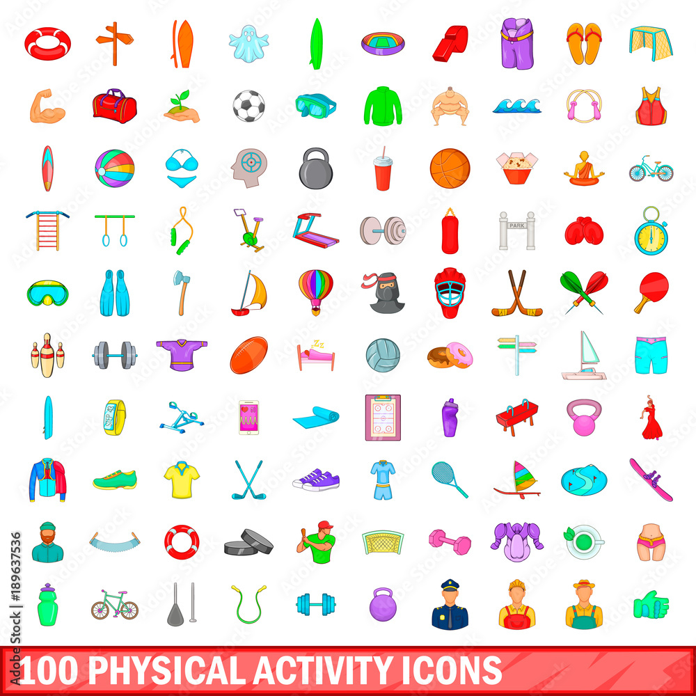 Wall mural 100 phisical activity icons set, cartoon style - Wall murals
