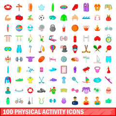 100 phisical activity icons set, cartoon style