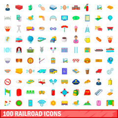 100 railroad icons set, cartoon style