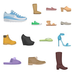 A variety of shoes cartoon icons in set collection for design. Boot, sneakers vector symbol stock web illustration.