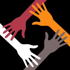 Colorful Four Hands Icon on black background. Vector illustration. 