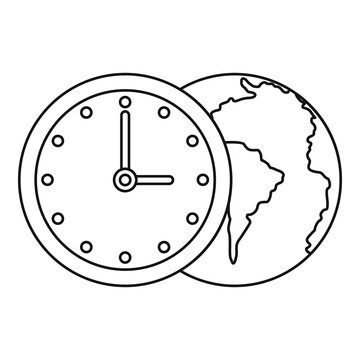 World planet with watch icon, outline style