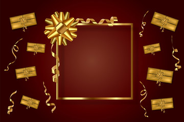 Gold frame gift bow presents boxes and serpentine on a burgundy background