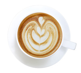 Top view of hot coffee cappuccino latte art isolated on white background, clipping path included