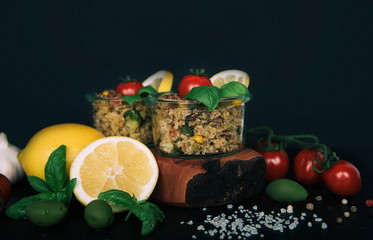 Vegan salad of vegetables, mushrooms and quinoa.
